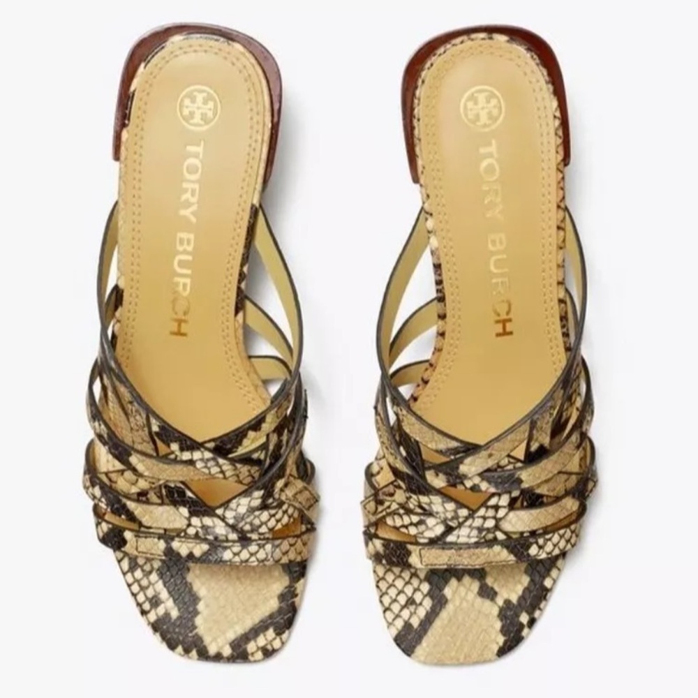 TORY BURCH Basketweave Block Heel Stamped Snake Printed Leather